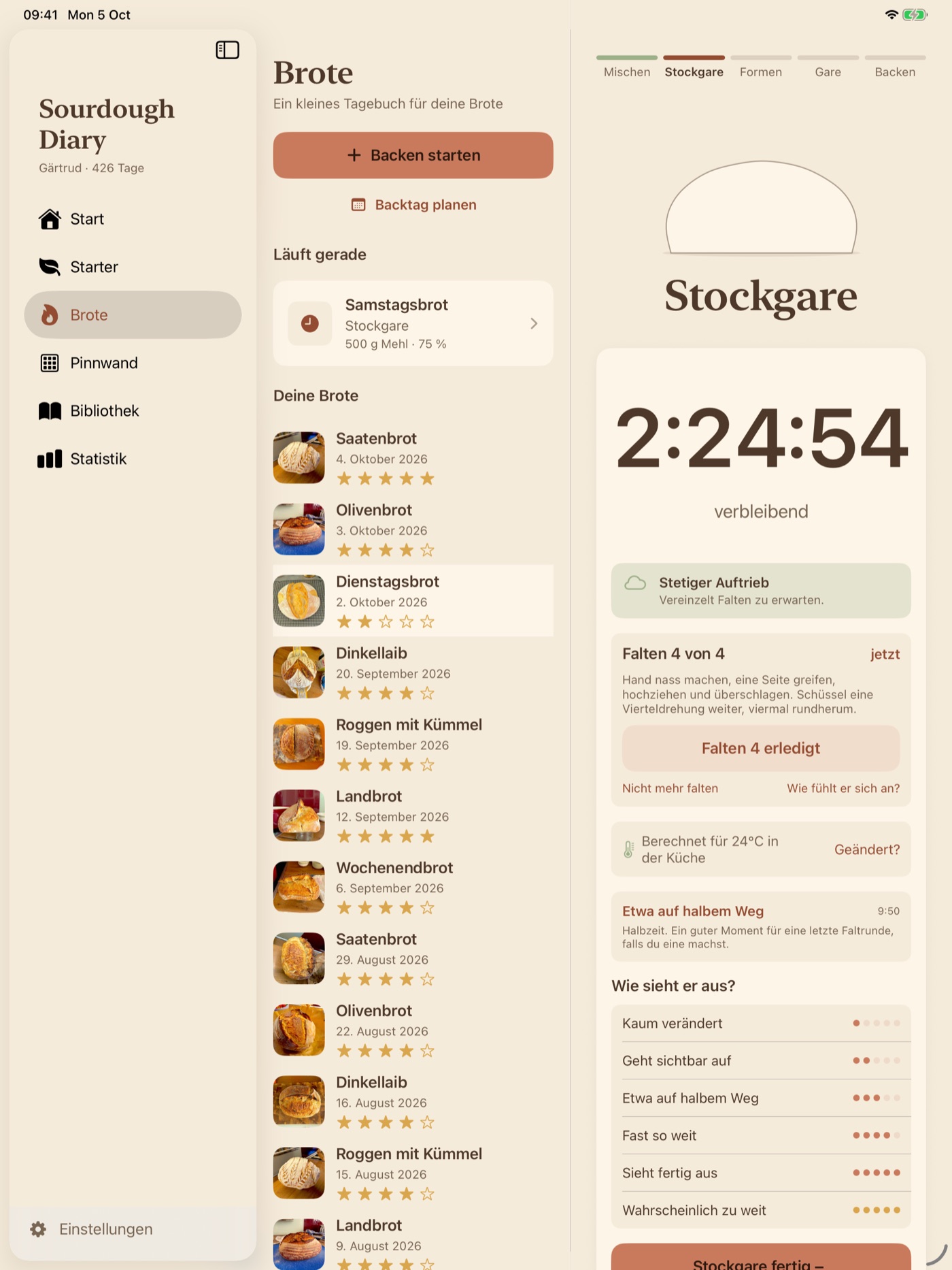 The same bake on an iPad, with the list of loaves beside the running clock.