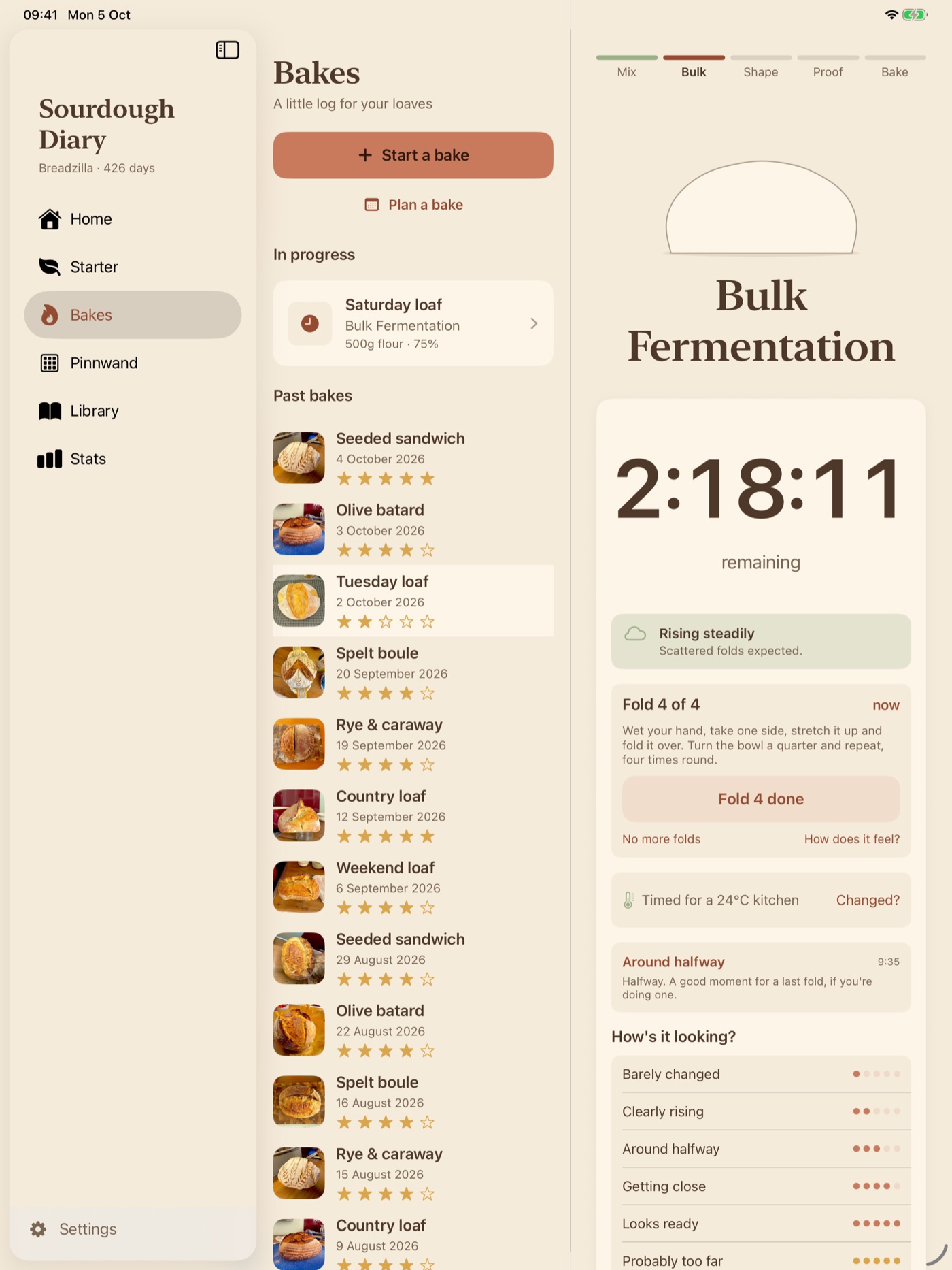 The same bake on an iPad, with the list of loaves beside the running clock.