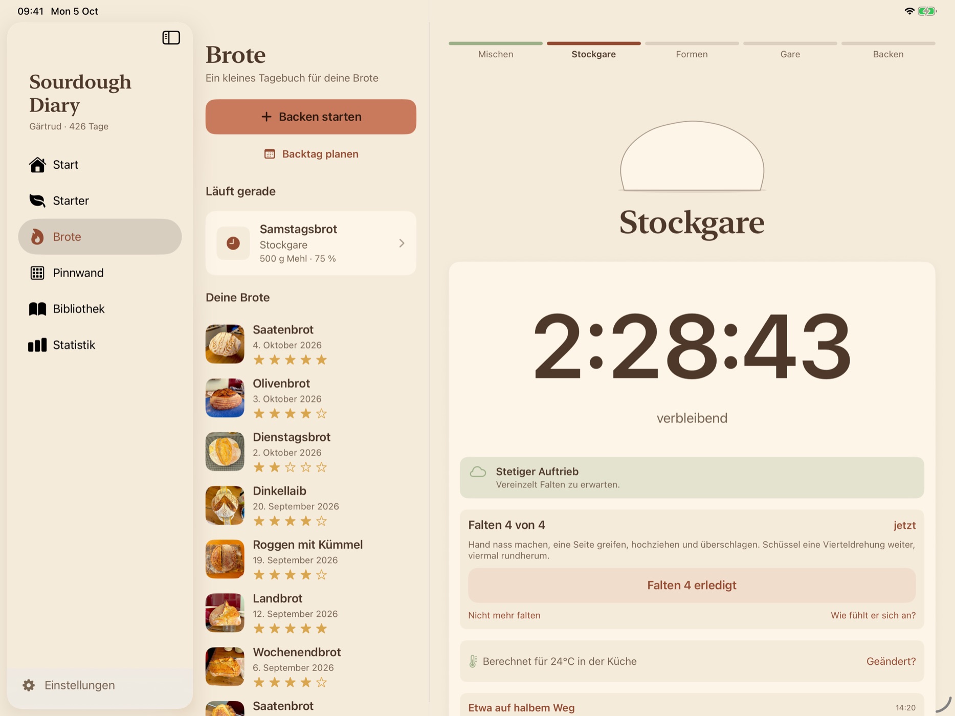 The bake on an iPad in landscape: the list of loaves beside a very large clock.