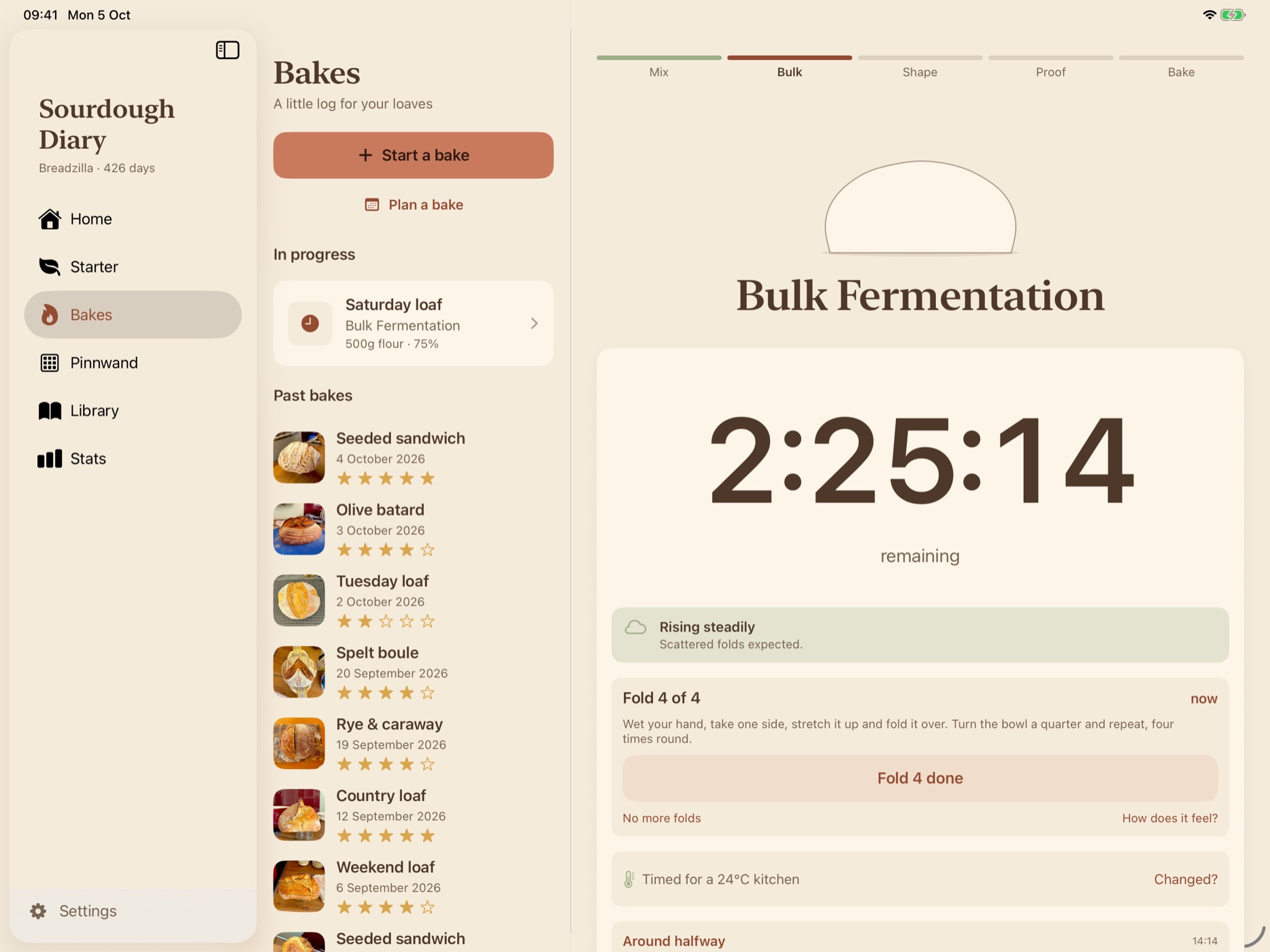 The bake on an iPad in landscape: the list of loaves beside a very large clock.