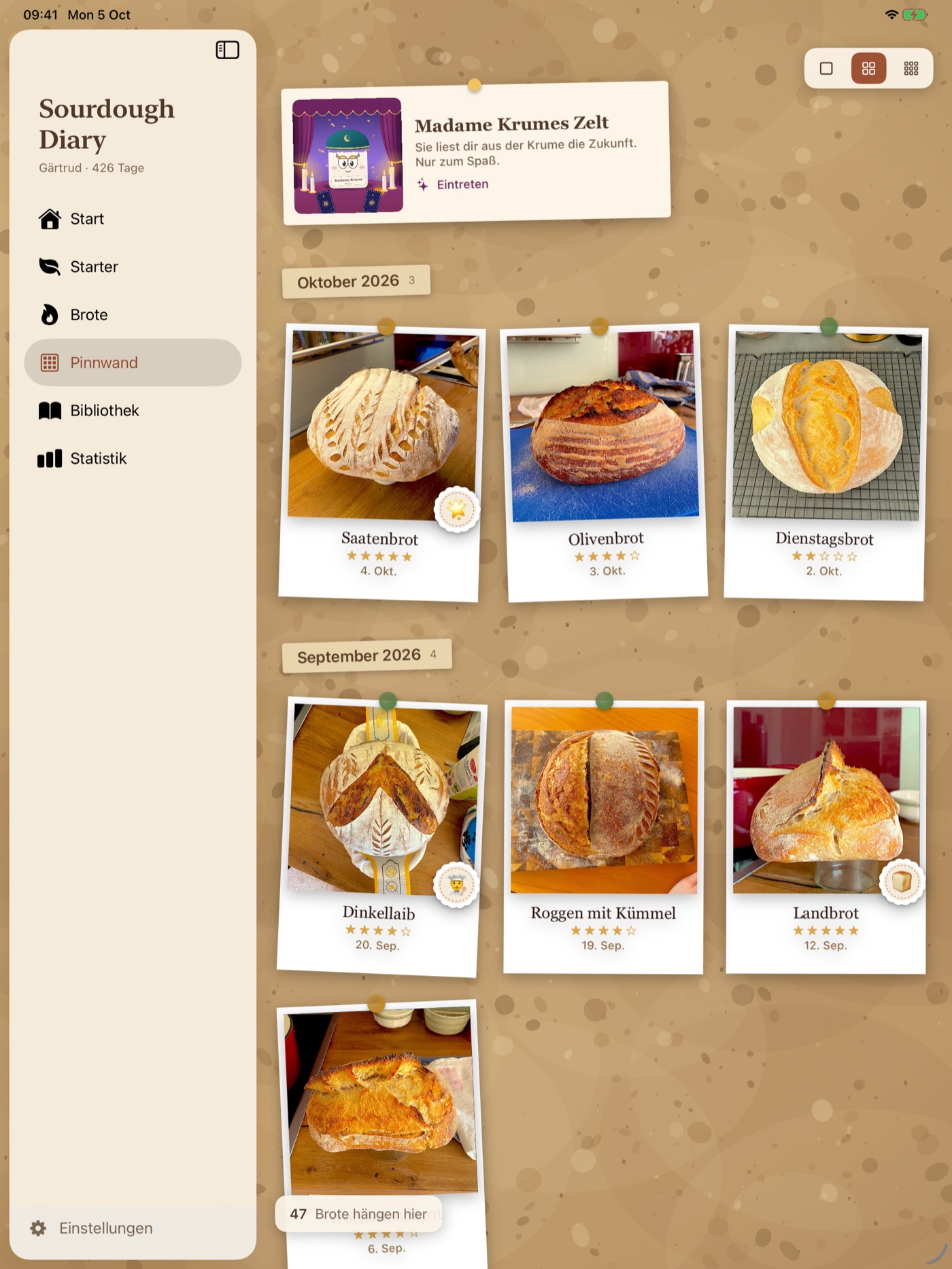 The Pinnwand on an iPad: a cork wall of polaroids, month by month.