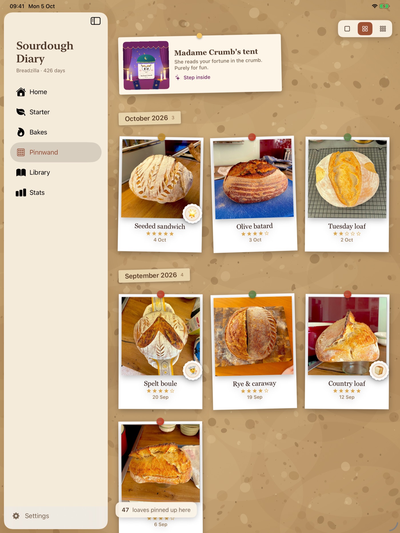 The Pinnwand on an iPad: a cork wall of polaroids, month by month.