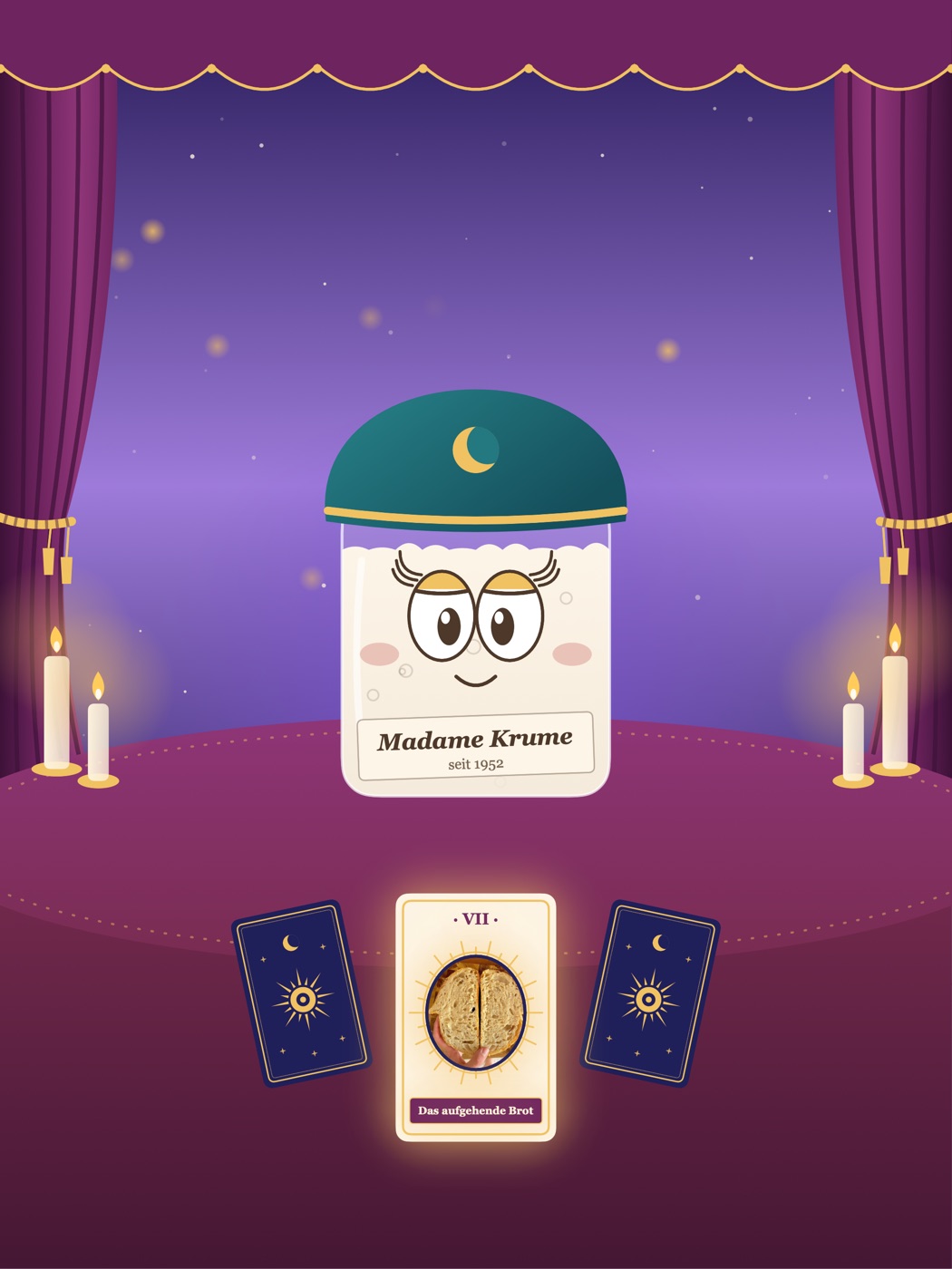 Madame Crumb, a jar with a teal cap and big eyes, at a candle-lit table with three tarot cards.