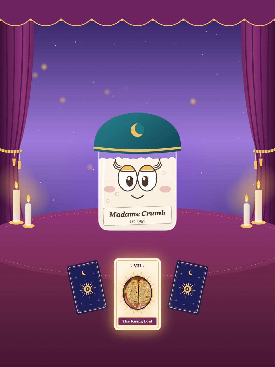 Madame Crumb, a jar with a teal cap and big eyes, at a candle-lit table with three tarot cards.