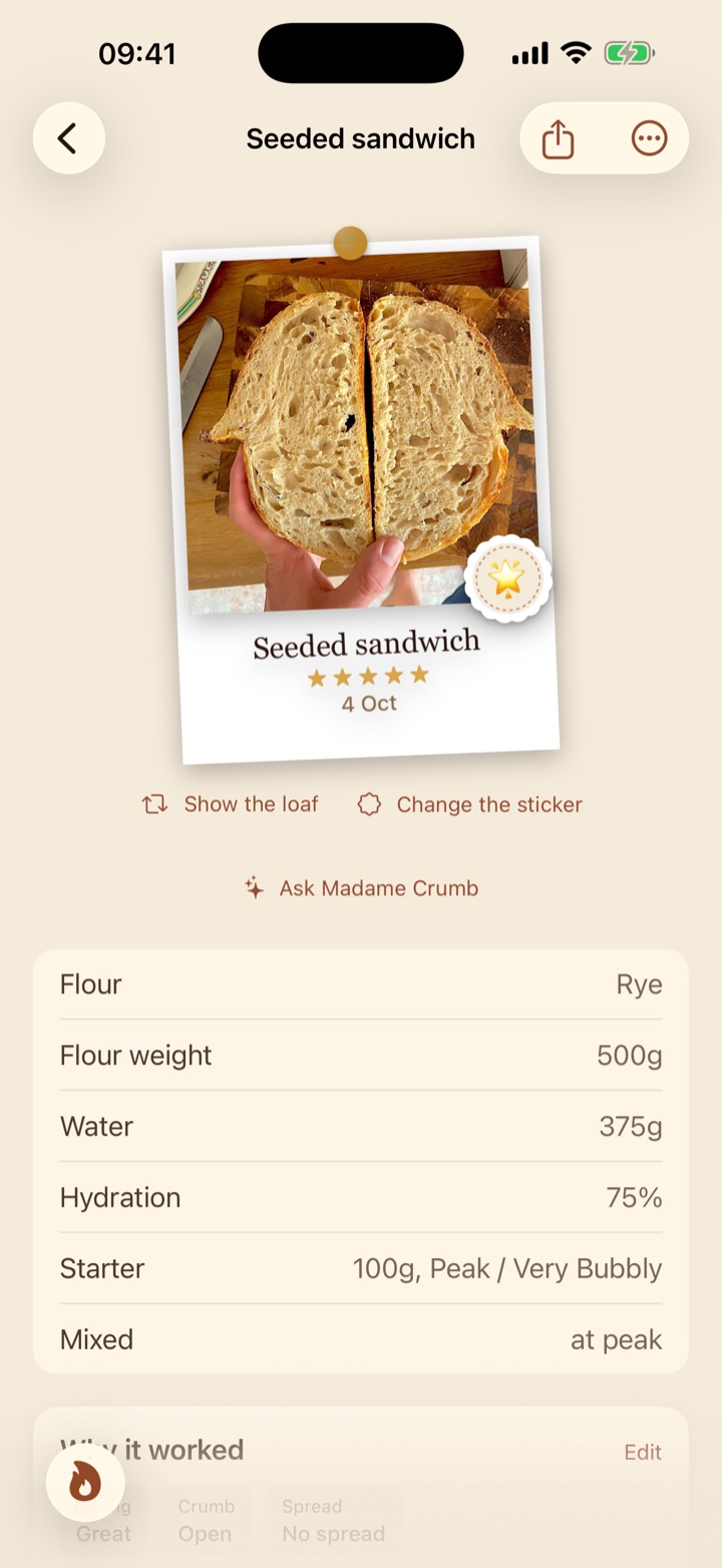 A loaf's polaroid turned over, showing the crumb.