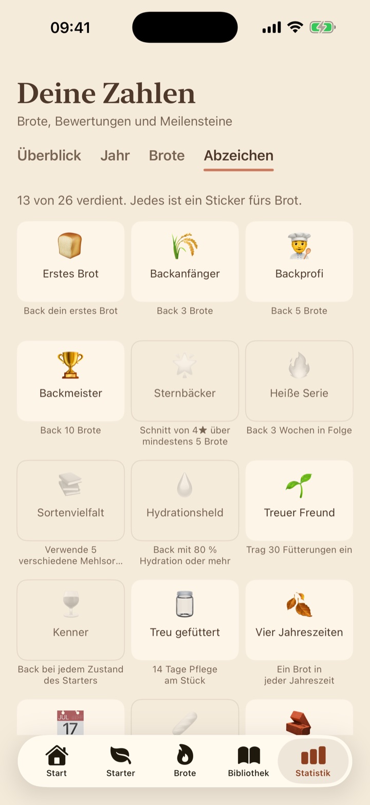 Badges: a grid of stickers, some earned and some still to come.