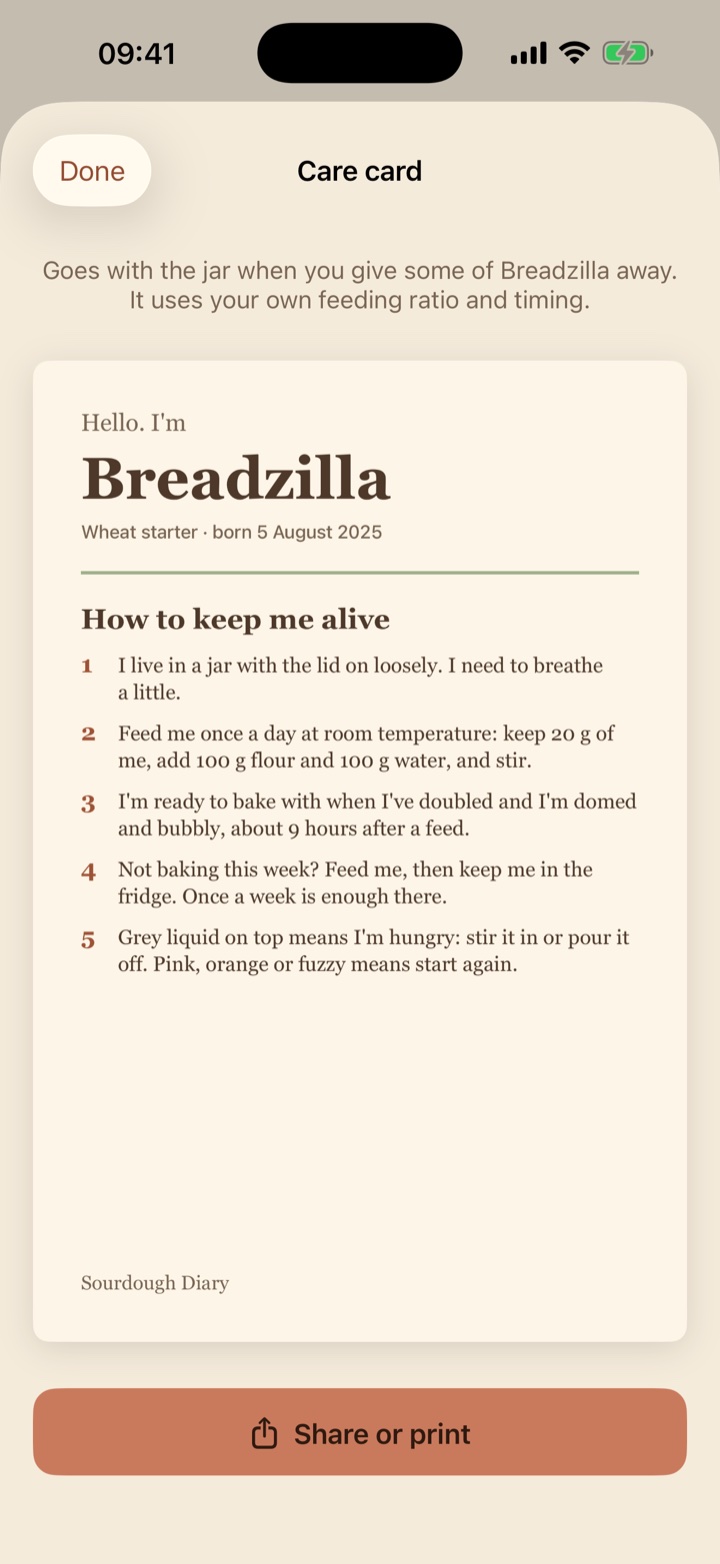 The care card: the starter's name, birthday and five instructions for keeping it alive.