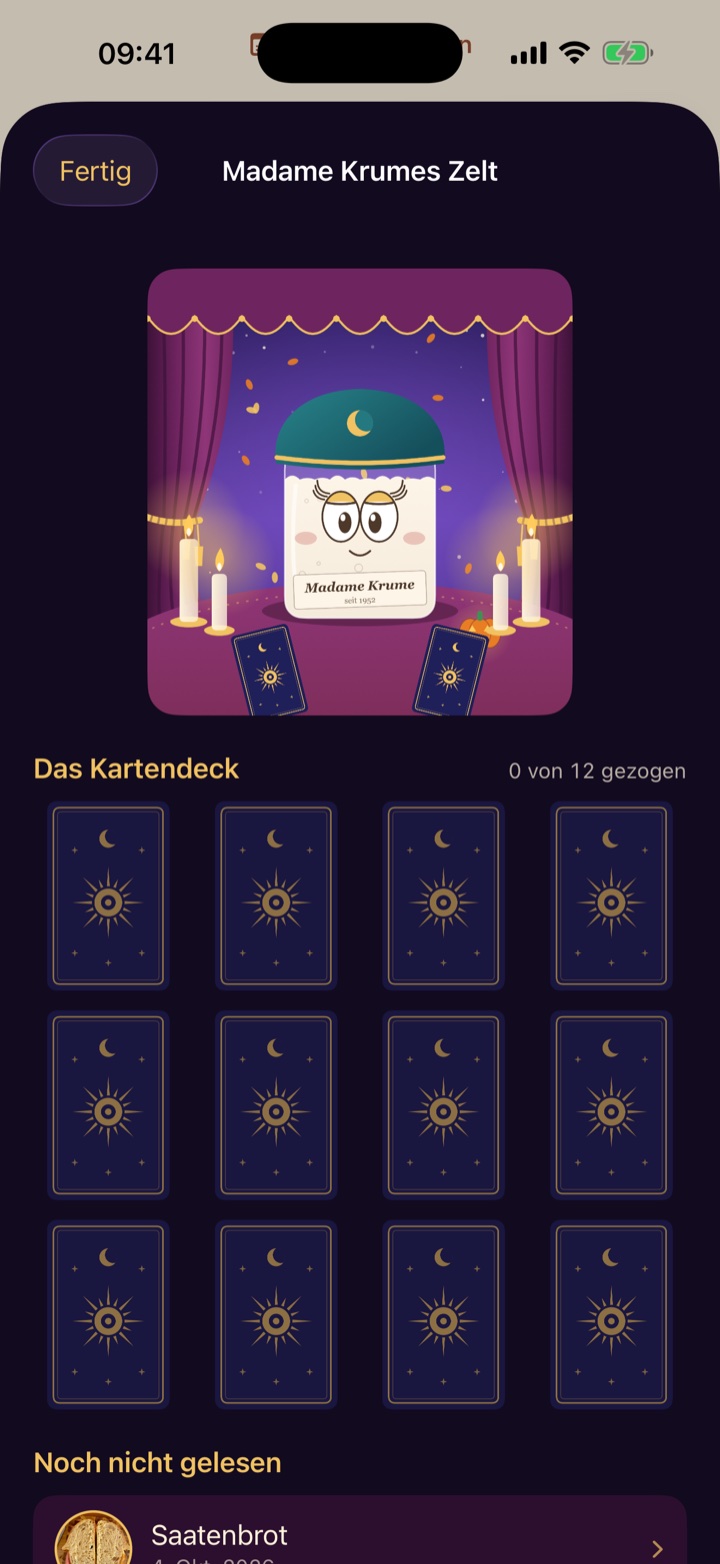 Madame Crumb's tent: her portrait and the deck of cards collected so far.
