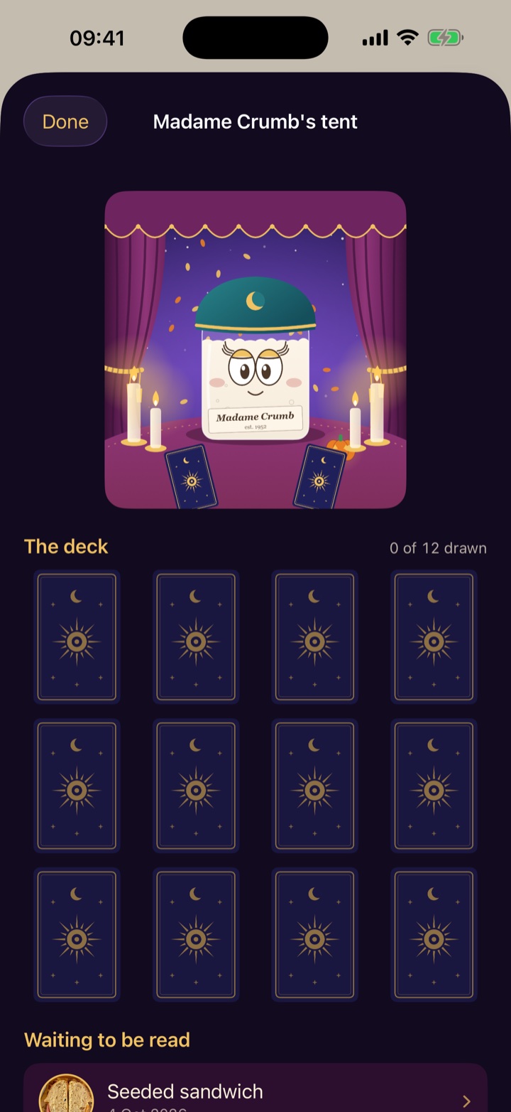 Madame Crumb's tent: her portrait and the deck of cards collected so far.