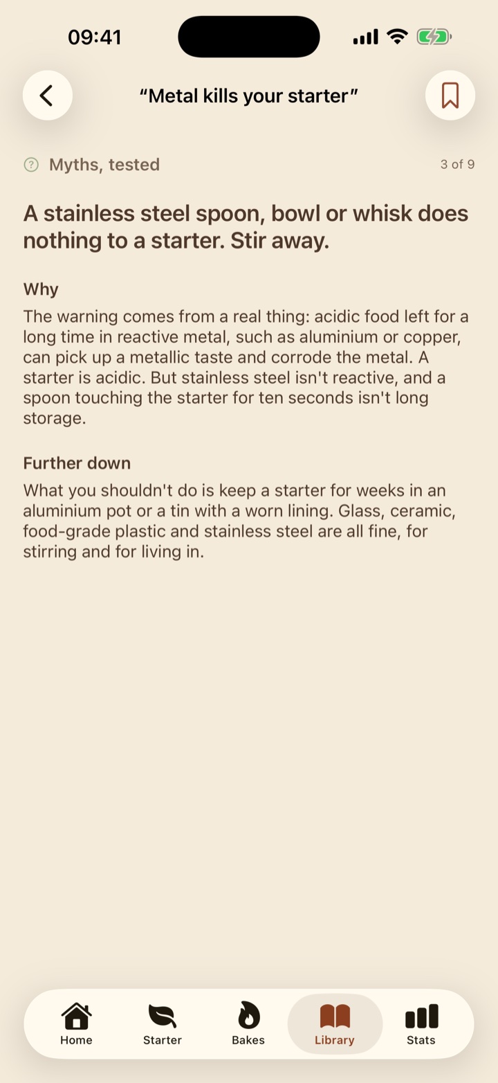 A Library entry, open: a short piece explaining one thing about sourdough.