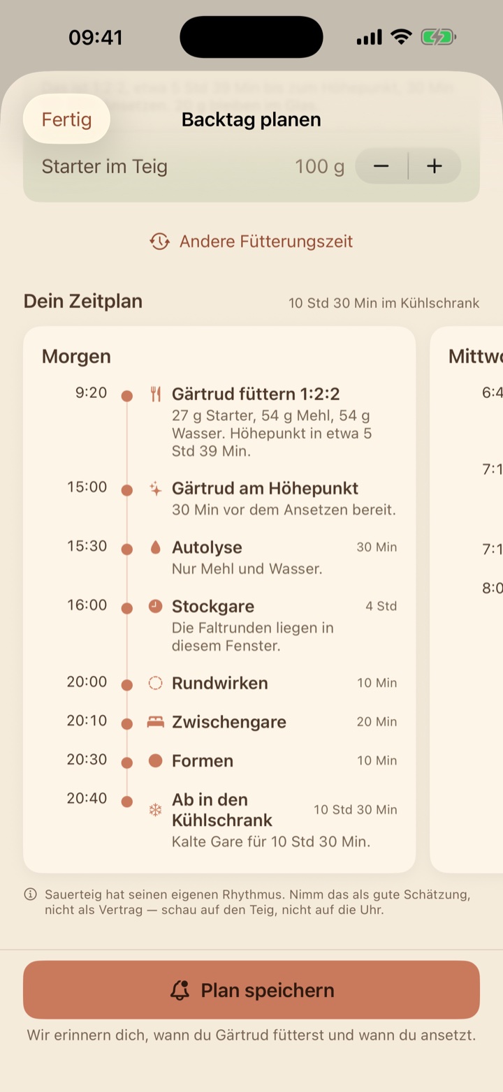 The schedule for one day, from feeding the starter to the fridge.