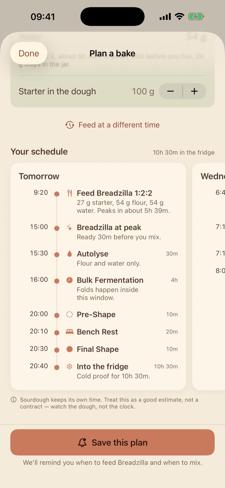 The schedule for one day, from feeding the starter to the fridge.