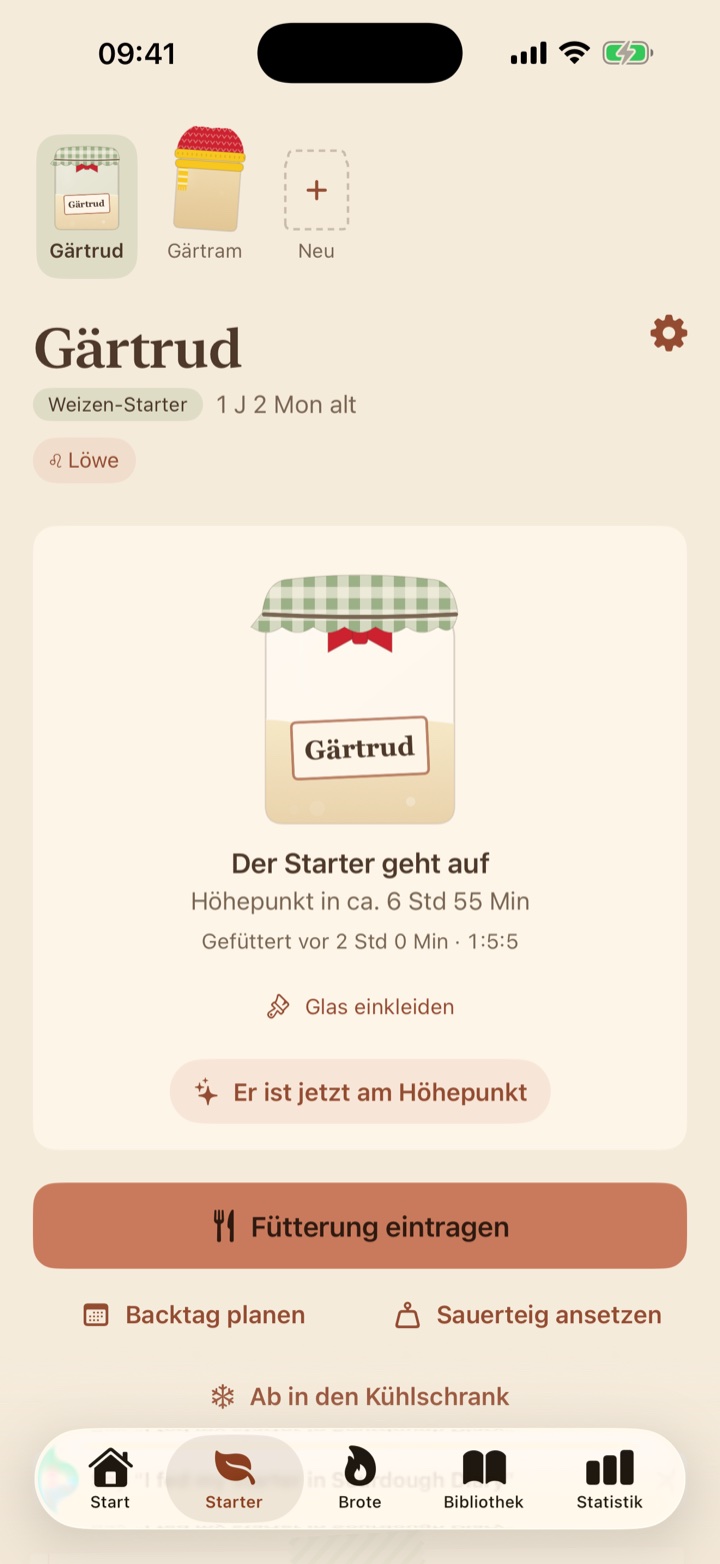 The Starter tab: a named jar, rising, with its expected peak.